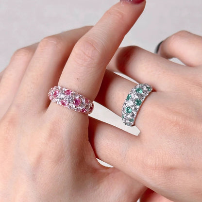 Full Diamond Dense Inlaid Pink Corundum Rings