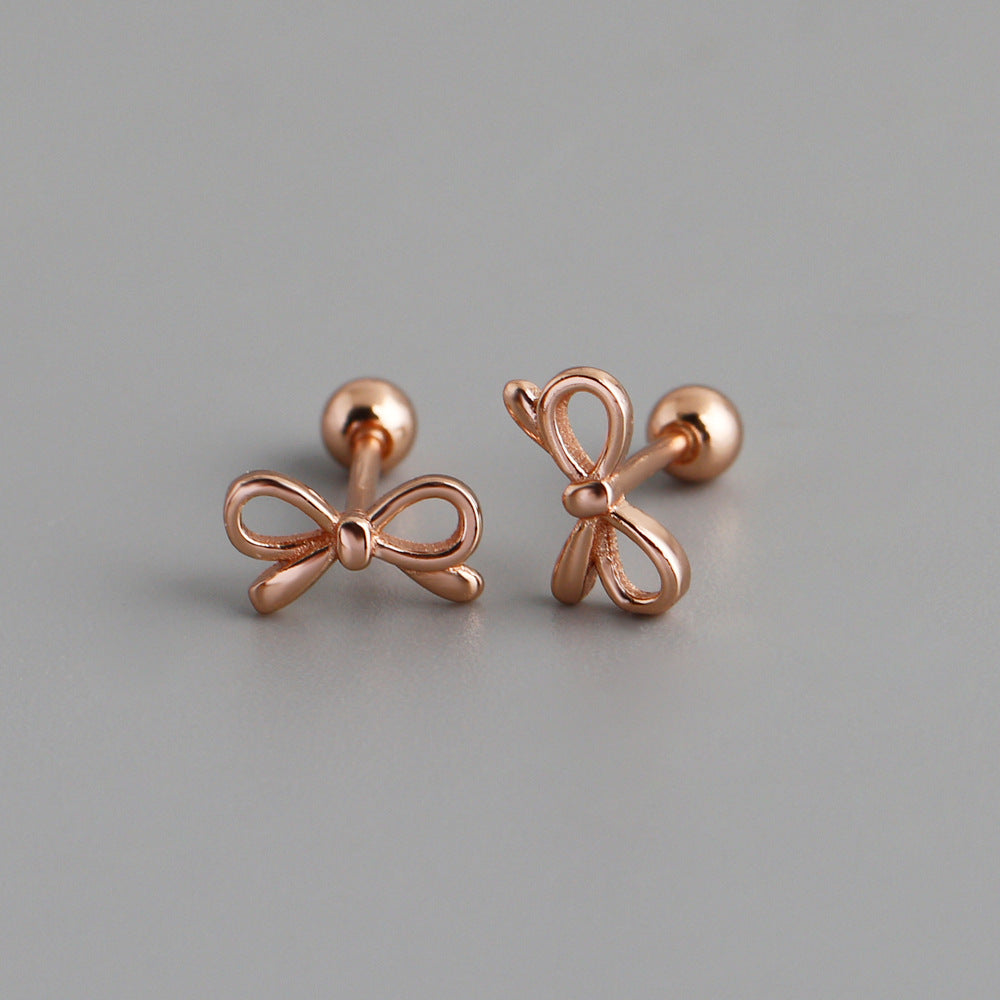 Women's Bow Sterling Sier Twisted Bead Screw Earrings
