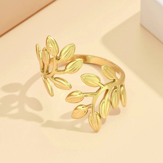 Steel Female Temperament Leaf Vacuum Gold Rings