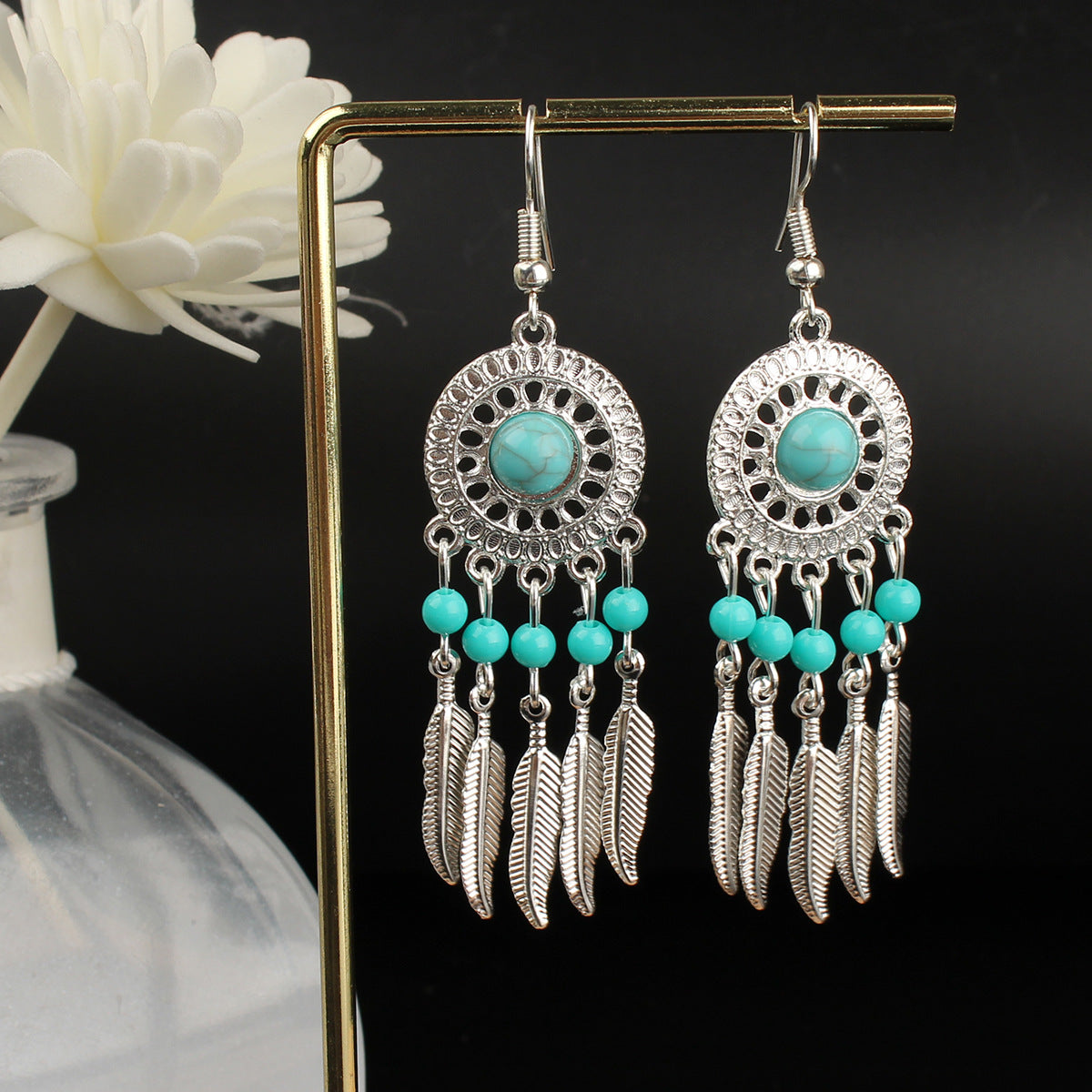 Tassel Turquoise Retro Imitation Miao Sier Minority National Style Earrings