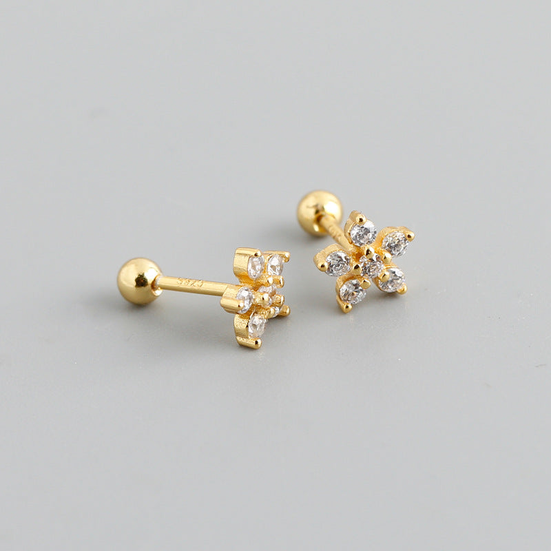 Women's Simple Fresh Flower Screw Sier Diamond Gold Earrings