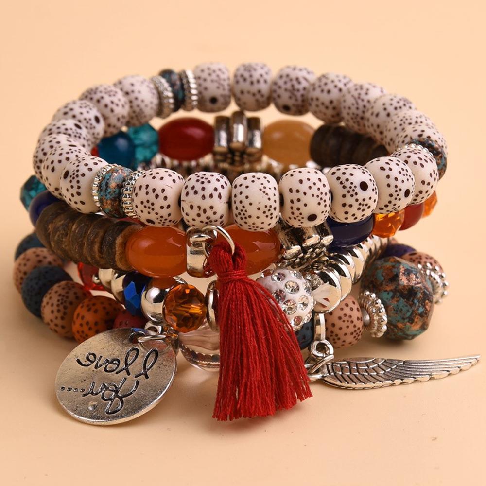 Crystal Contrast Color Turquoise Leaf Tassel Bracelets