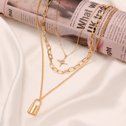 Women's Creative Retro Simple Eight Awn Star Lock Necklaces