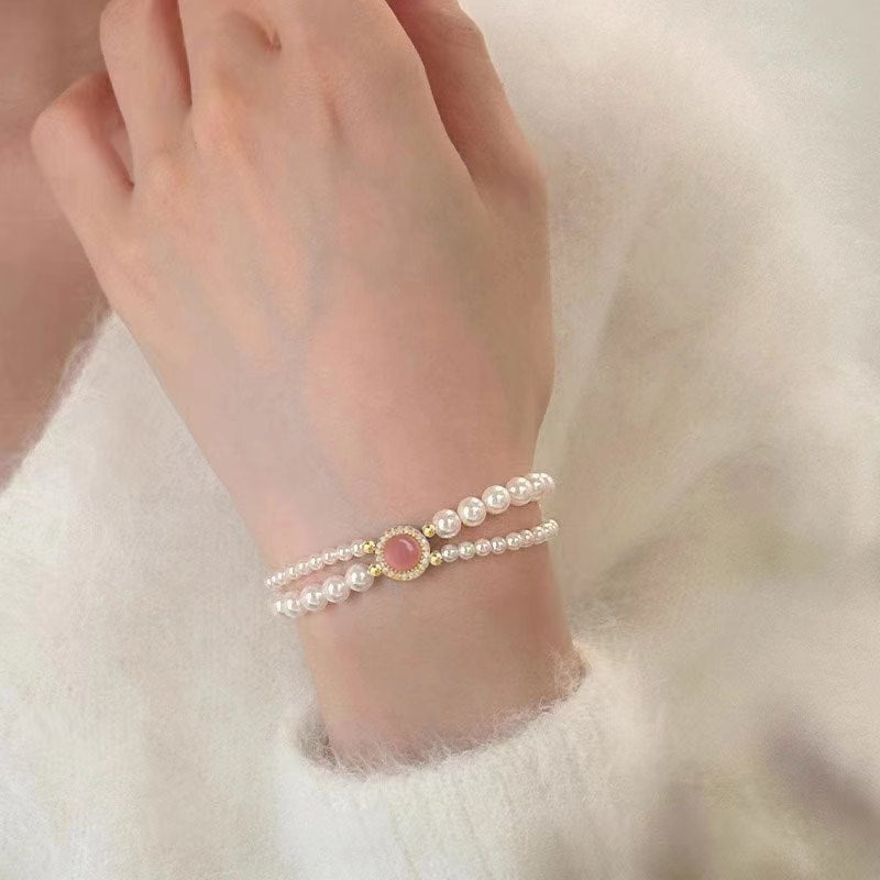 Women's Small Sweet Potato Rose Chalcedony Pearl Bracelets