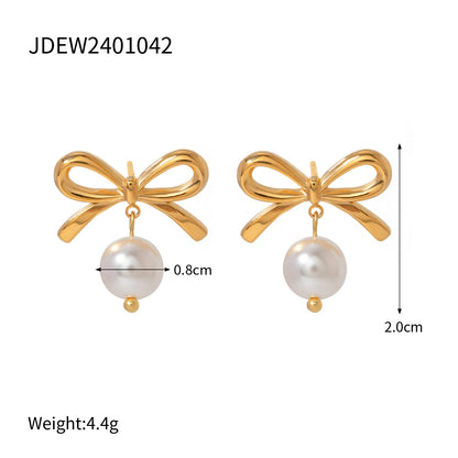 Unique Gold-plated Stainless Steel Bow Pearl Earrings