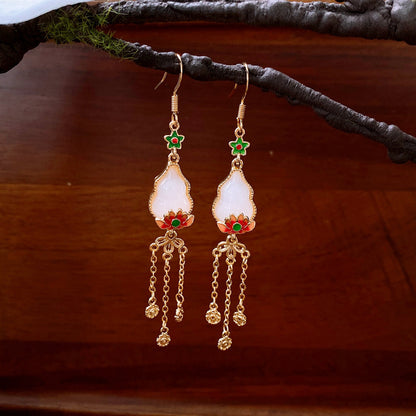 Women's Flower Gourd Pearl Tassel Niche Retro Ear Hook Light Earrings