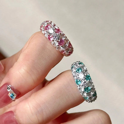 Full Diamond Dense Inlaid Pink Corundum Rings