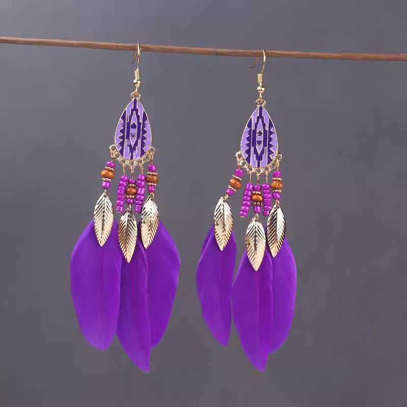 Ethnic Style Long Feather Temperamental Tassels Personality Earrings