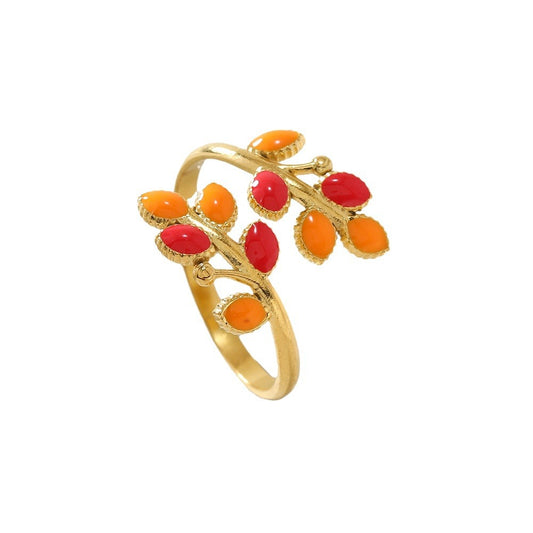 Ornament Oil Pressure Colorful Leaves Open Female Light Luxury Rings