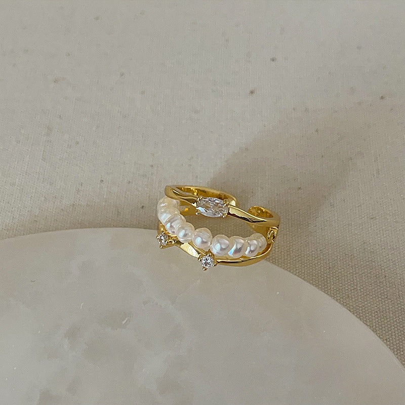 Luxury Pearl Zircon Golden Open-end Collection Female Rings