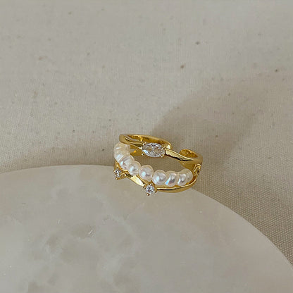 Luxury Pearl Zircon Golden Open-end Collection Female Rings