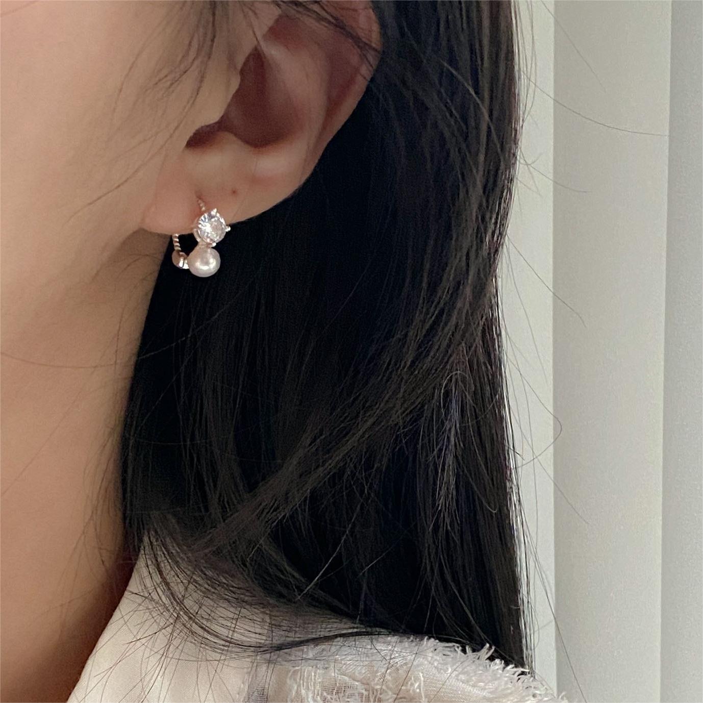 Korean Style Sterling Sier Zircon Pearl Ear Earrings