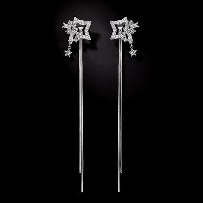 Sier Needle Shaped Five-pointed Star Long Tassel Face Small Earrings