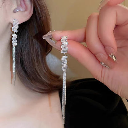 Temperament Sier Series Long Fringe Fashionable Classy Ear Earrings