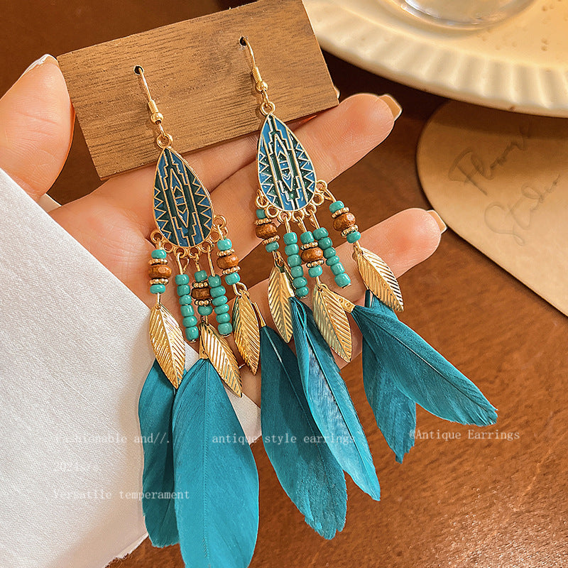 Women's Bohemian Style Long Feather Tassel Ethnic Earrings