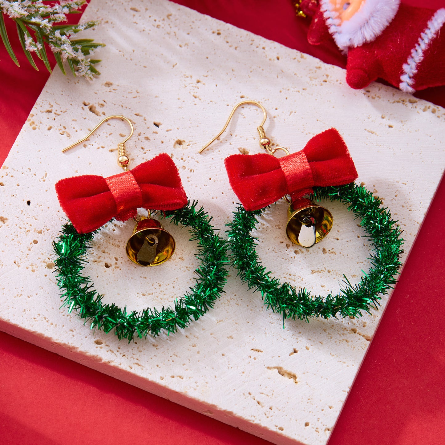 Diamond Christmas Tree Bow Garland Bell Earrings