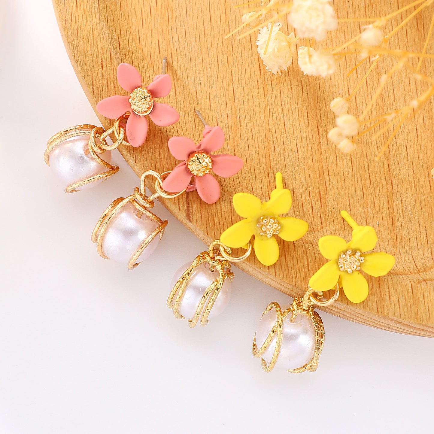 Pearl Small Flower Ear Pink Yellow Rings