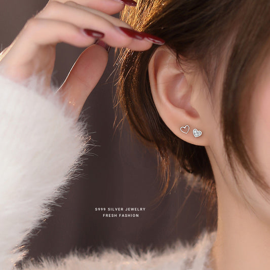 Women's Sier Loving Heart Asymmetric Small Versatile Korean Style Hollow Earrings