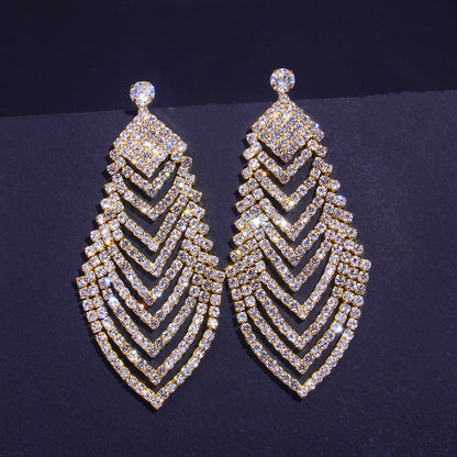 Crystal Long Diamond Leaf-shaped Personality Super Flash Hollow Earrings