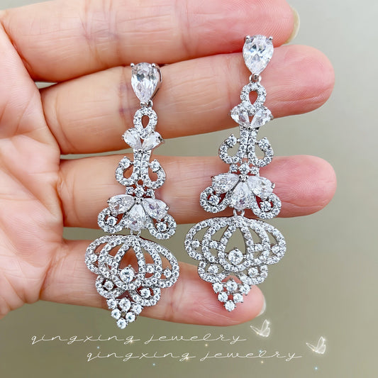 High-grade Long Luxury Over Inlaid Zircon Earrings