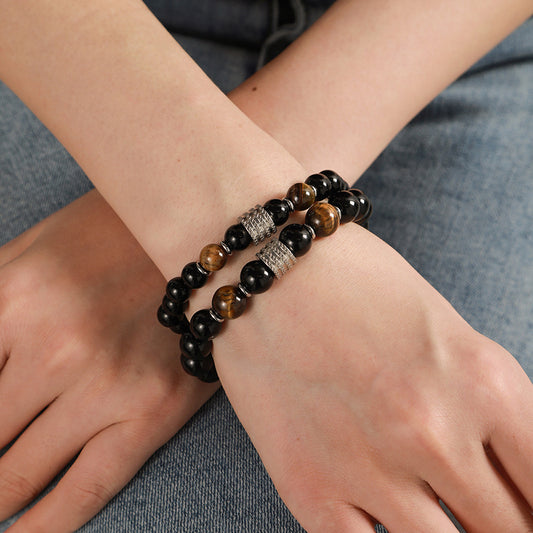 Men's Stainless Steel Tiger Eye Obsidian Bright Black Bracelets