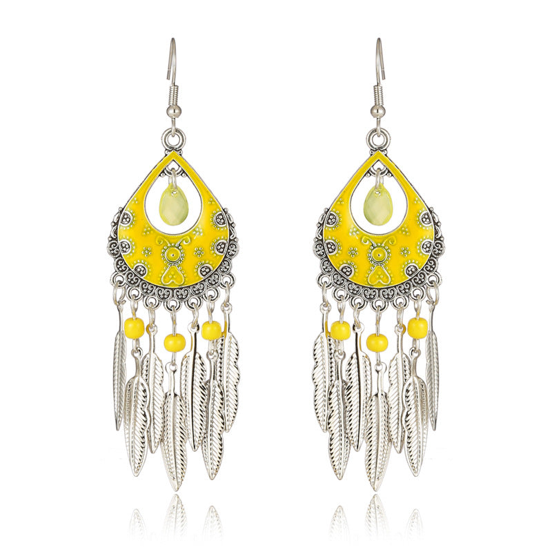 Color Daisy Ornament Fan-shaped Leaves Ethnic Earrings