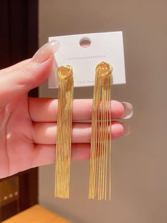 Sier Needle Metal Tassel Female Exaggerated Earrings