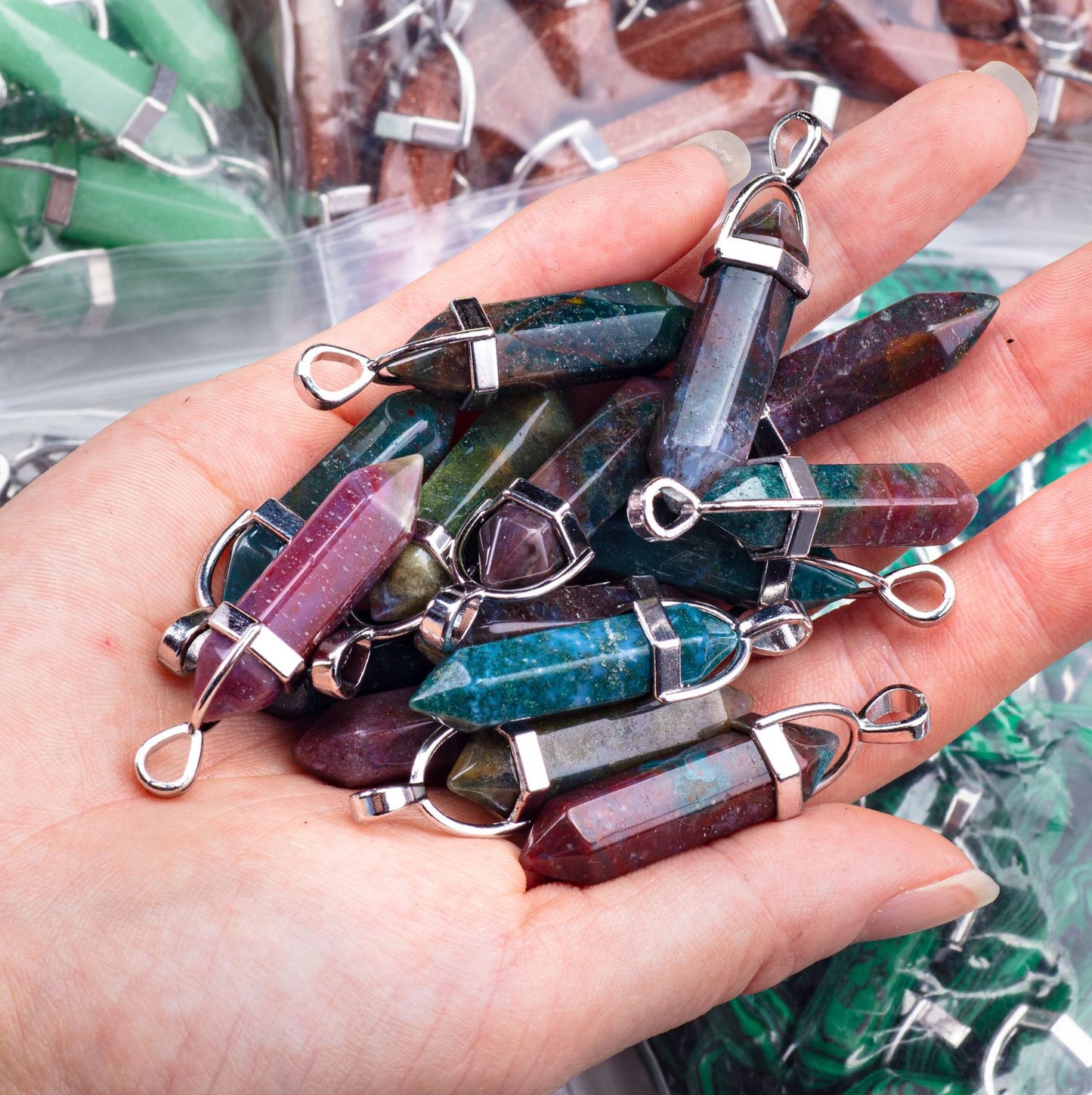 Natural Raw Gemstone Hexagon Prism Crystal Pendants