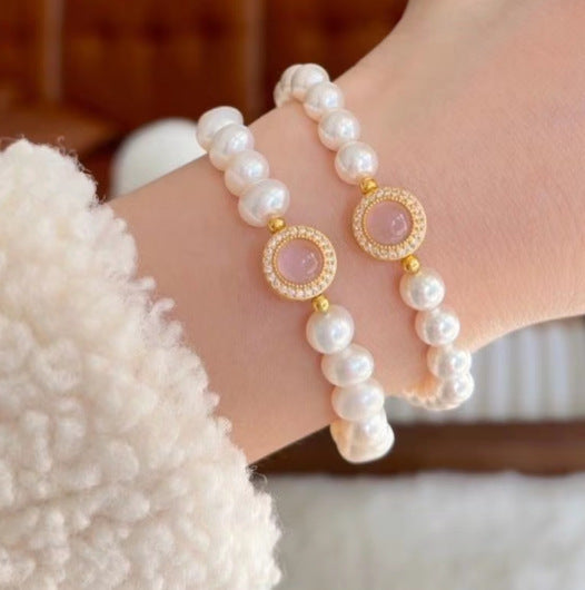 Women's Small Sweet Potato Rose Chalcedony Pearl Bracelets