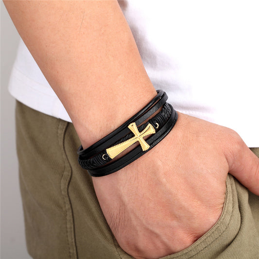 Men's Fashion Leather Rope Hand-woven Titanium Steel Bracelets