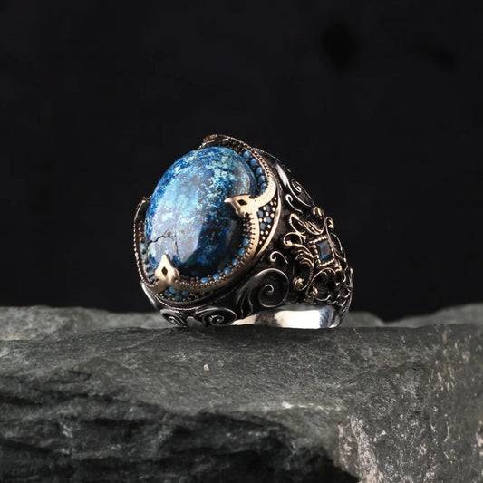 Men's Artisan Diamond Blue Carvings Vintage Rings