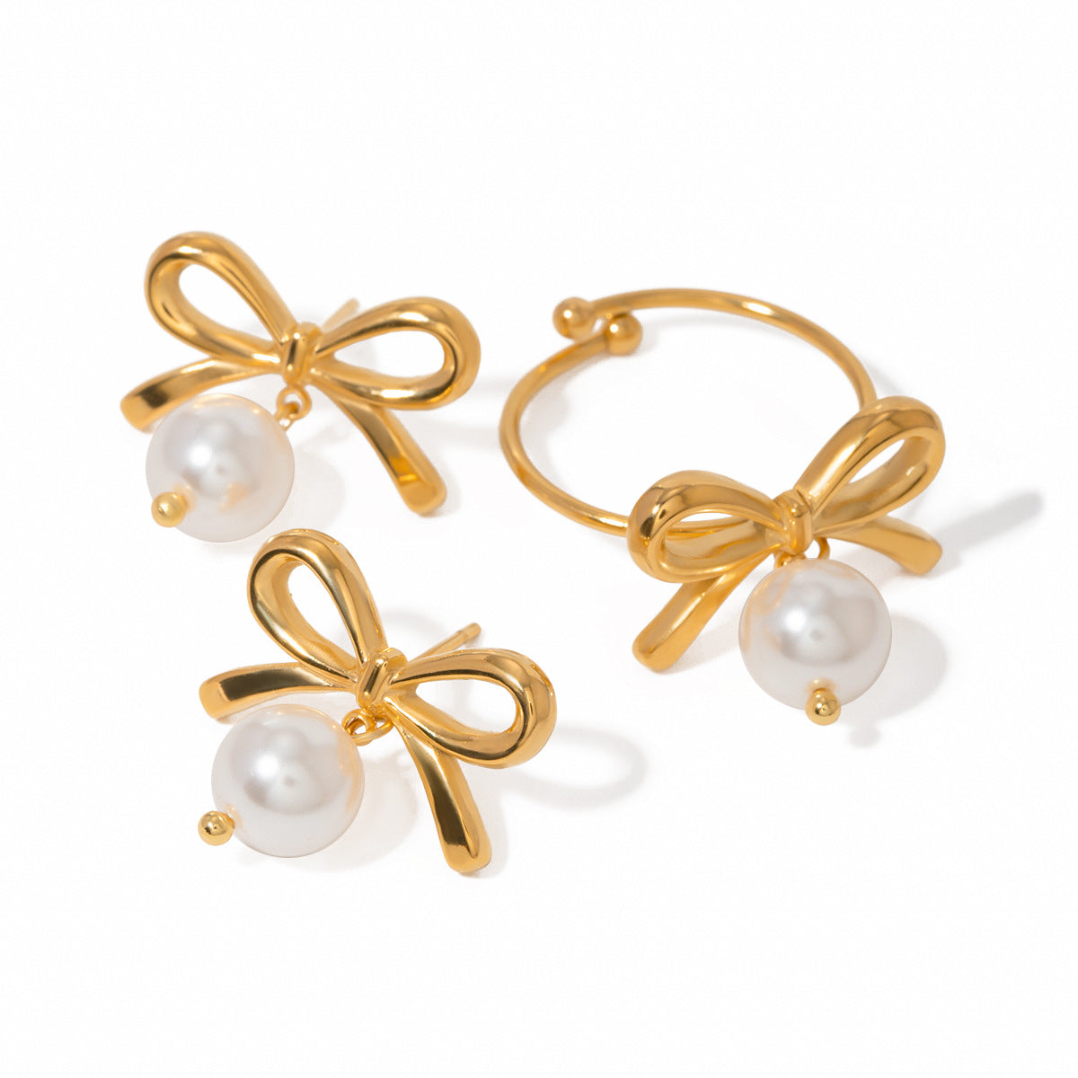 Unique Gold-plated Stainless Steel Bow Pearl Earrings