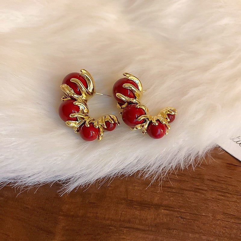 Gold Electroplated Sier Needle Red Dripping Earrings