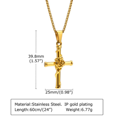 Men's Titanium Steel Stainless Rose Cross Gold Hip Necklaces