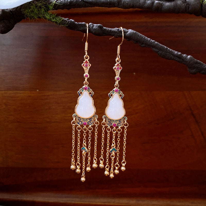 Women's Flower Gourd Pearl Tassel Niche Retro Ear Hook Light Earrings