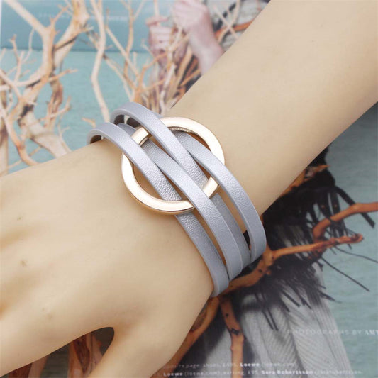 Women's Leather Metal Big Cuff Bangle Wristband Bracelets