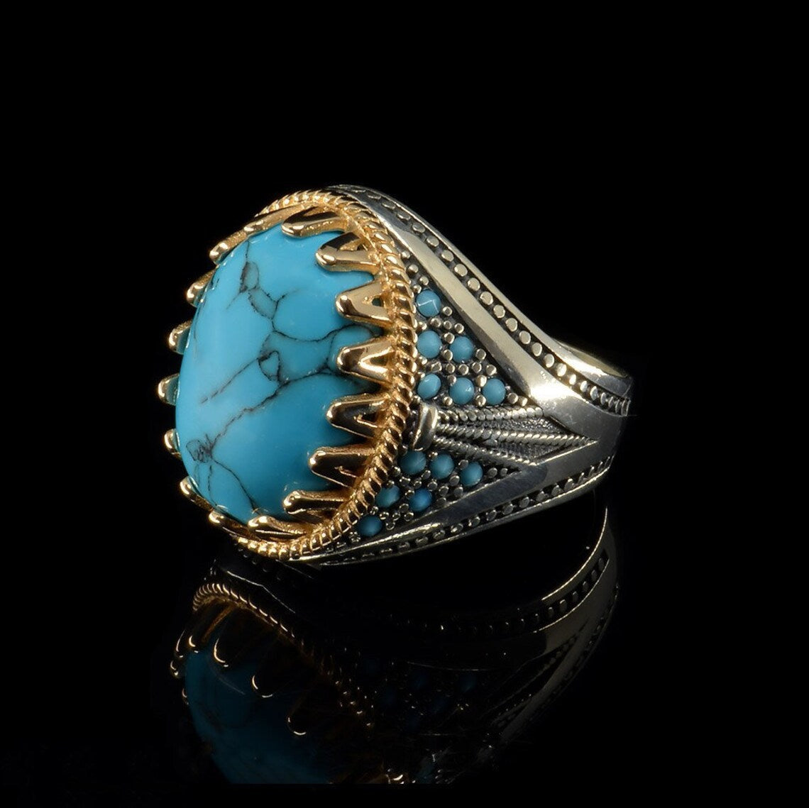 Men's Retro Electroplated Two-color Inlaid Imitation Turquoise Rings