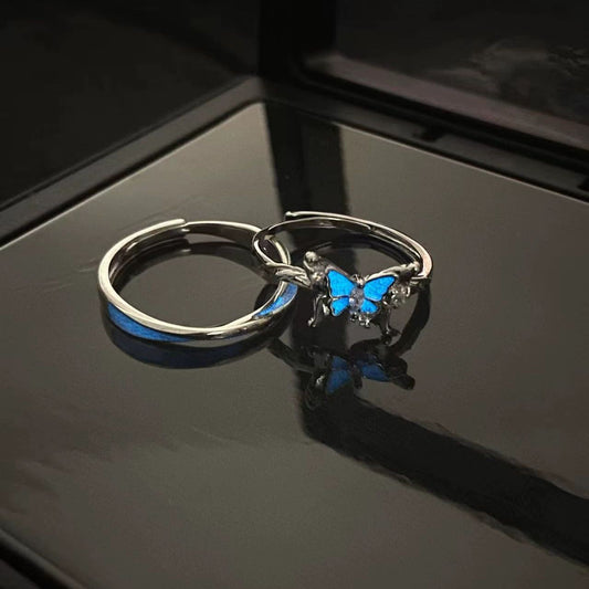 Sterling Sier Dream Blue Butterfly Luminous Couple Rings