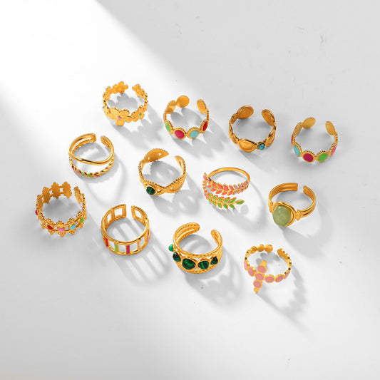 French Retro Stainless Steel Open Natural Stone Drop Rings