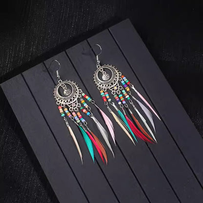 Ethnic Style Long Feather Temperamental Tassels Personality Earrings