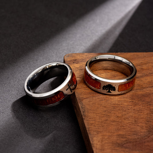 Stainless Steel Ornament Inlaid Acacia Wood Rings