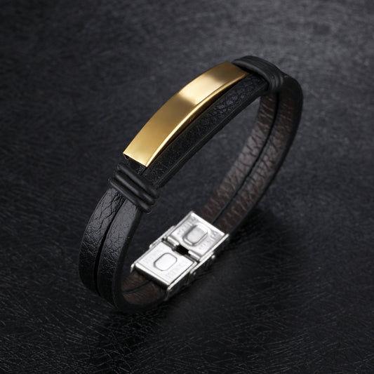 Men's Black Stainless Steel Leather Personalized Hip Hop Bracelets