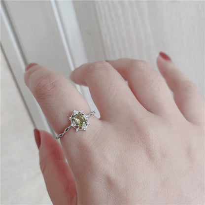 Women's Inlaid Snowflake Olive Green Crystal Open Royal Rings