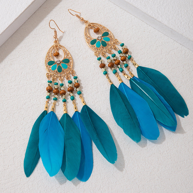 Ethnic Style Long Feather Temperamental Tassels Personality Earrings