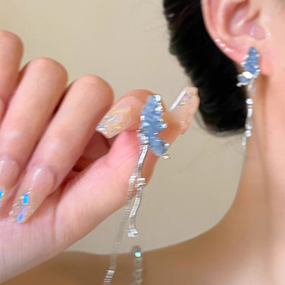 Fairy Blue Tassel Butterfly High Sense Earrings