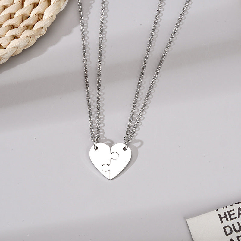 Steel Puzzle Heart One Pair Lovers Necklaces