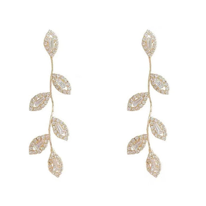 Women's Zircon Leaf-shaped Long Versatile Elegant Delicate Earrings