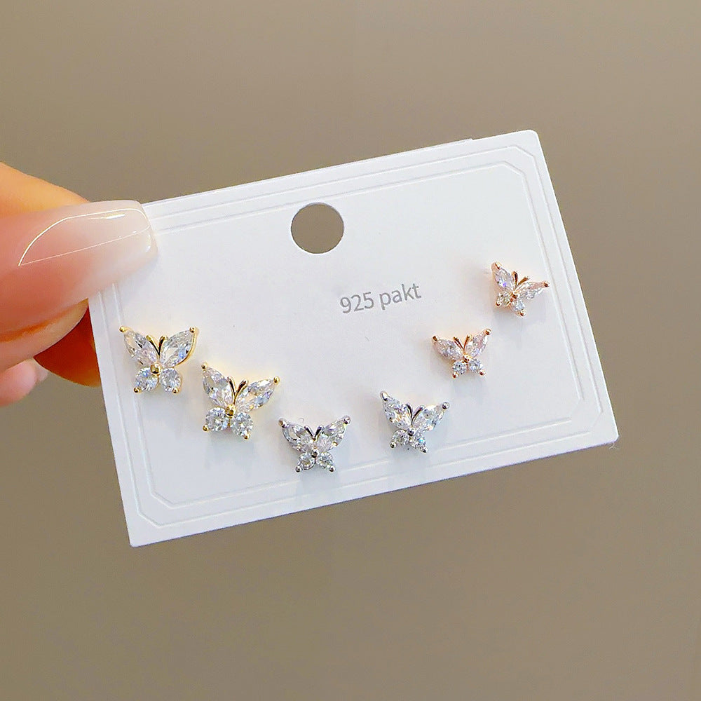 Women's Heart Shape Butterfly Sier Needle Three Earrings