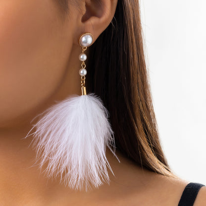 Ornament Temperament Feather Tassel Artificial Pearl Earrings