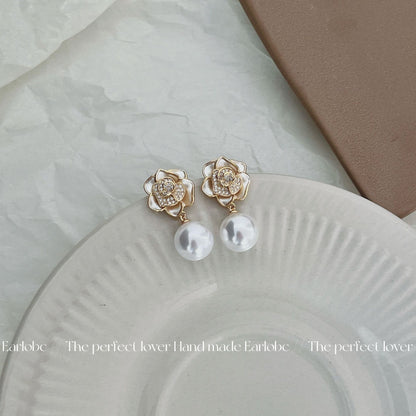 Misty Camellia Mori Style Refined Zircon Pearl Earrings